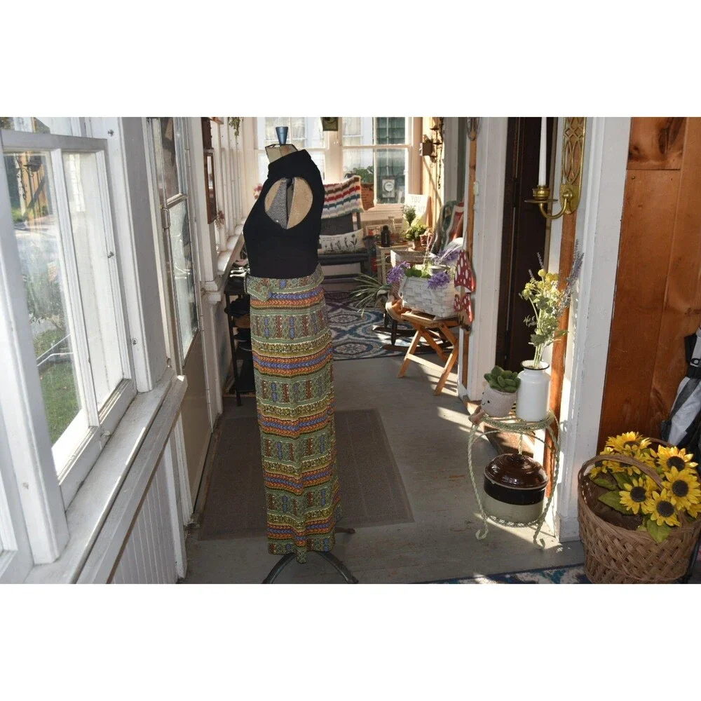 70s Maxi Dress Geometric Print Boho Keyhole Hippie Choker Neck Sleeveless Medium
